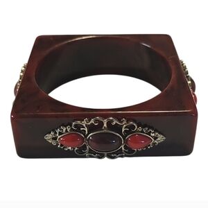 Vintage Dark Red Marbled Bakelite Square Shape Bangle Bracelet